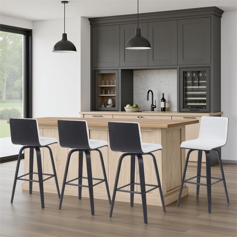 Vienna Swivel Bar Height Stool with Snow White Faux Leather Seat/Black- Set of 4