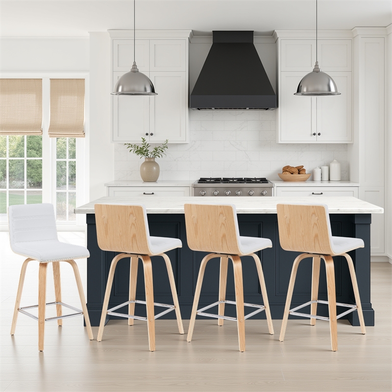 Vienna Counter Height Swivel Barstool White Faux Leather Seat/Oak Wood- Set of 4