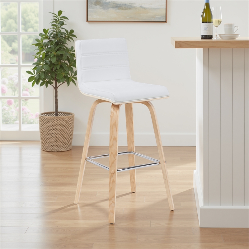 Vienna Swivel Bar Height Stool with White Faux Leather Seat and Oak Wood Frame