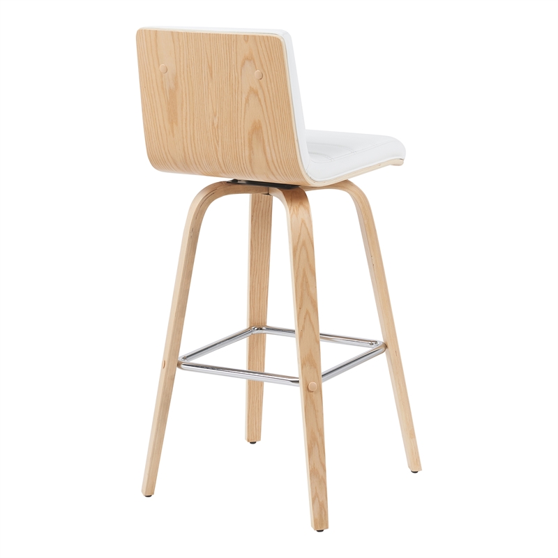 Vienna Swivel Bar Height Stool with White Faux Leather Seat and Oak Wood Frame