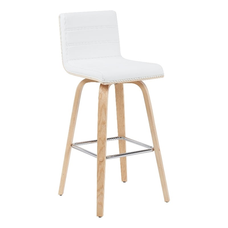 Vienna Swivel Bar Height Stool with White Faux Leather Seat and Oak Wood Frame