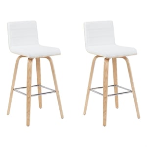 Vienna Swivel Bar Height Stool in White Faux Leather Seat/Oak Wood- Set of 2