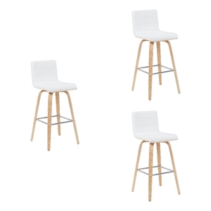 Vienna Swivel Bar Height Stool with White Faux Leather Seat/Oak Wood- Set of 3
