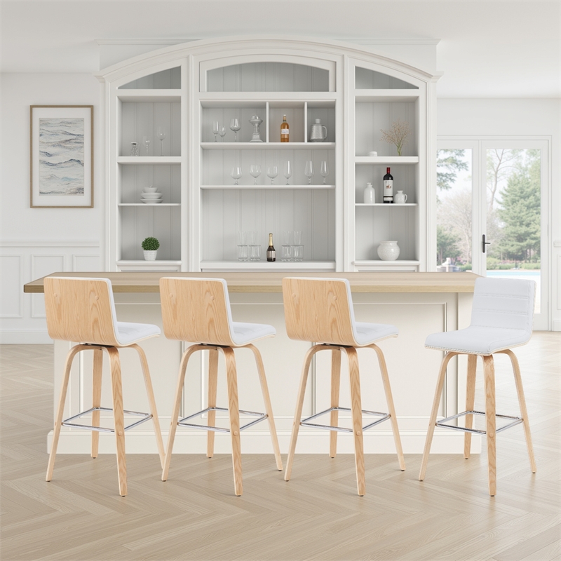 Vienna Swivel Bar Height Stool - White Faux Leather Seat/Oak Wood Frame-Set of 4