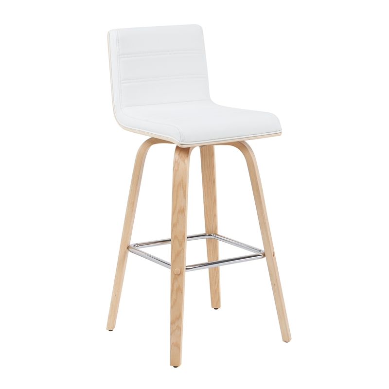 Vienna Swivel Bar Height Stool - White Faux Leather Seat/Oak Wood Frame-Set of 4