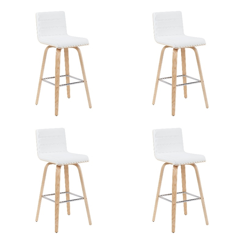 Vienna Swivel Bar Height Stool - White Faux Leather Seat/Oak Wood Frame-Set of 4