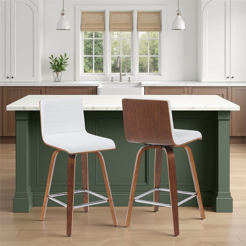 Vienna Counter Height Swivel Bar Stool - Snow White Faux Leather/Walnut-Set of 2