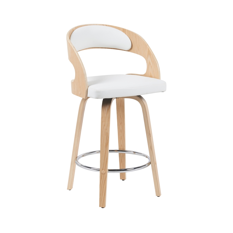 Shelly Counter Height Swivel Bar Stool in Oak/White Faux Leather Seat- Set of 2