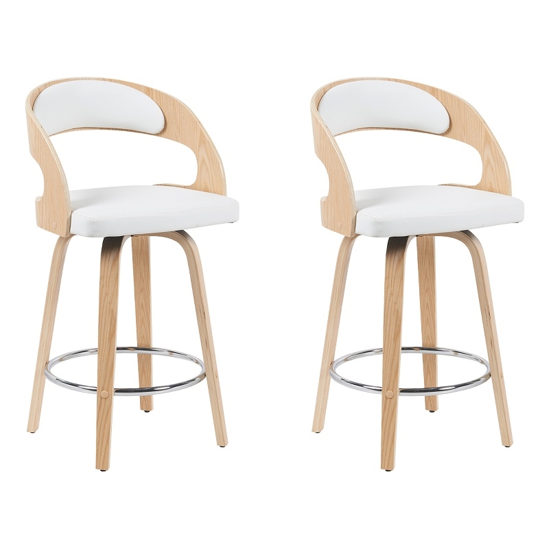 Shelly Counter Height Swivel Bar Stool in Oak/White Faux Leather Seat- Set of 2