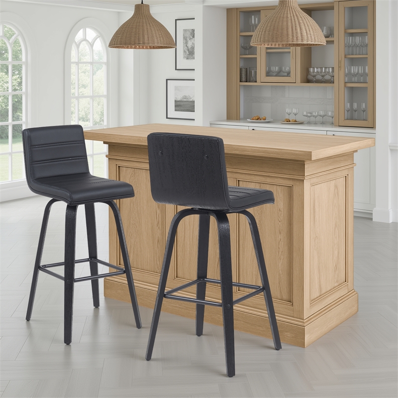 Vienna Swivel Bar Height Stool with Black Faux Leather Seat and Black-Set of 2