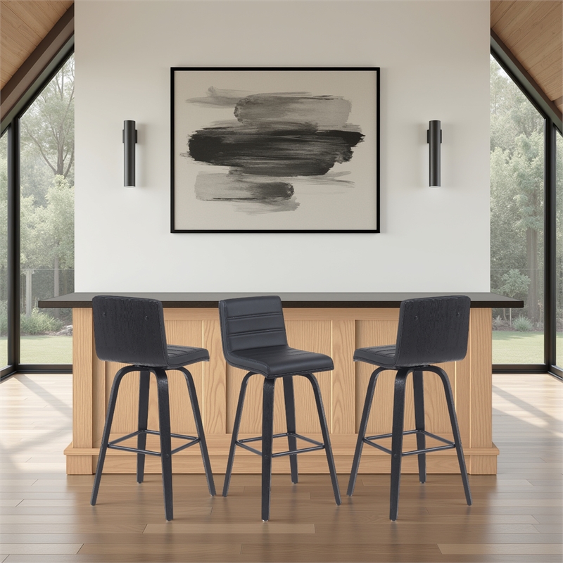 Vienna Swivel Bar Height Stool w/ Black Faux Leather Seat & Black Wood- Set of 3