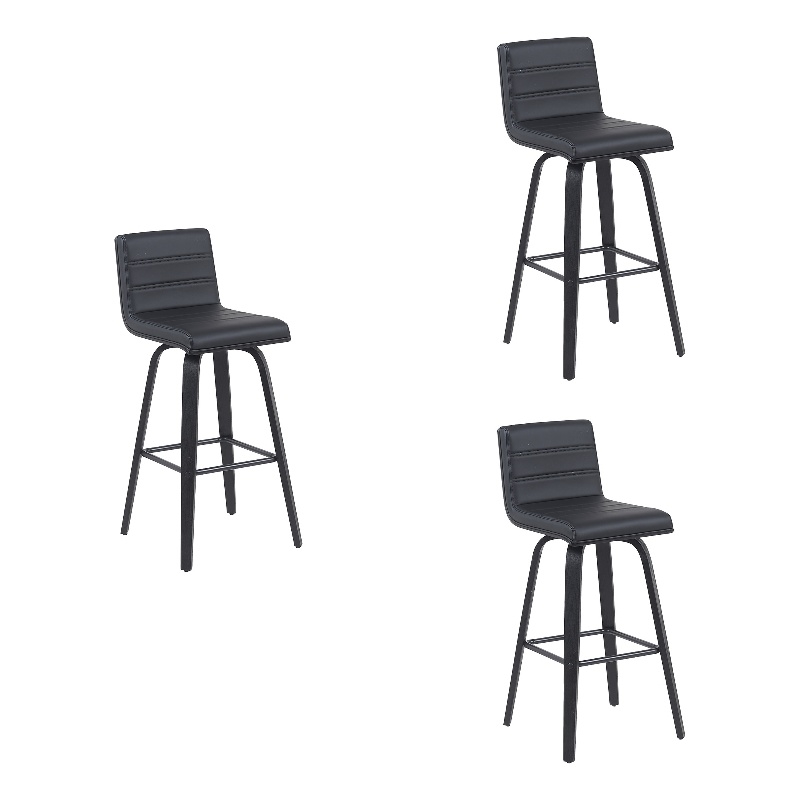 Vienna Swivel Bar Height Stool w/ Black Faux Leather Seat & Black Wood- Set of 3
