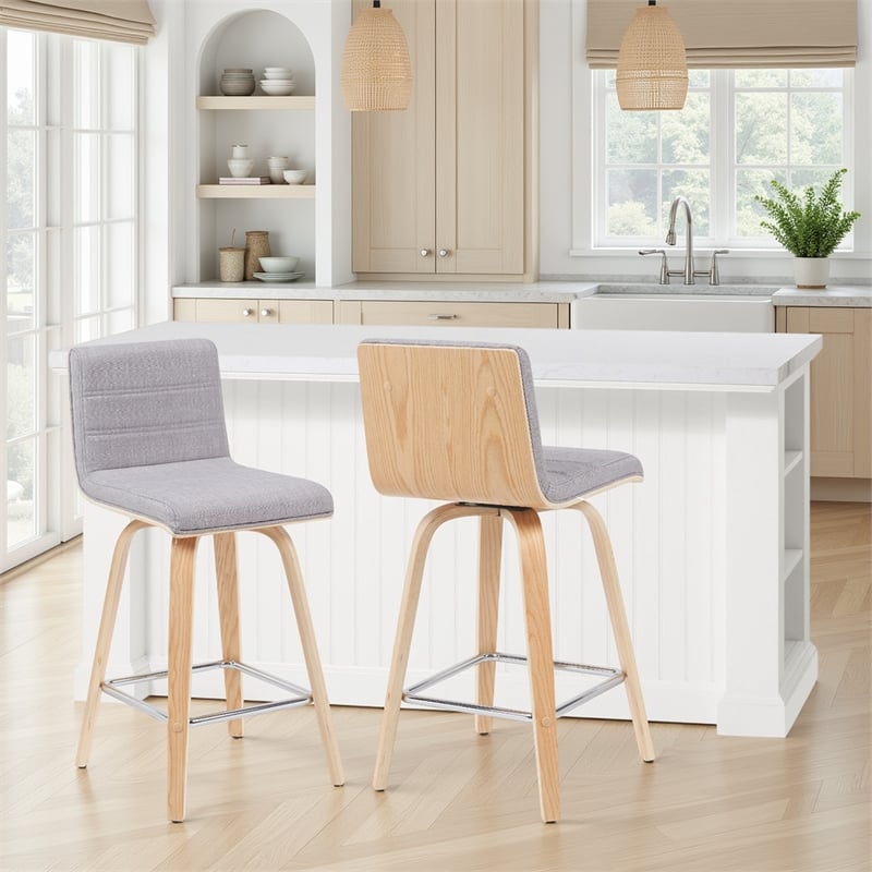 Vienna Counter Height Swivel Bar Stool with Grey Seat & Oak Wood Frame- Set of 2