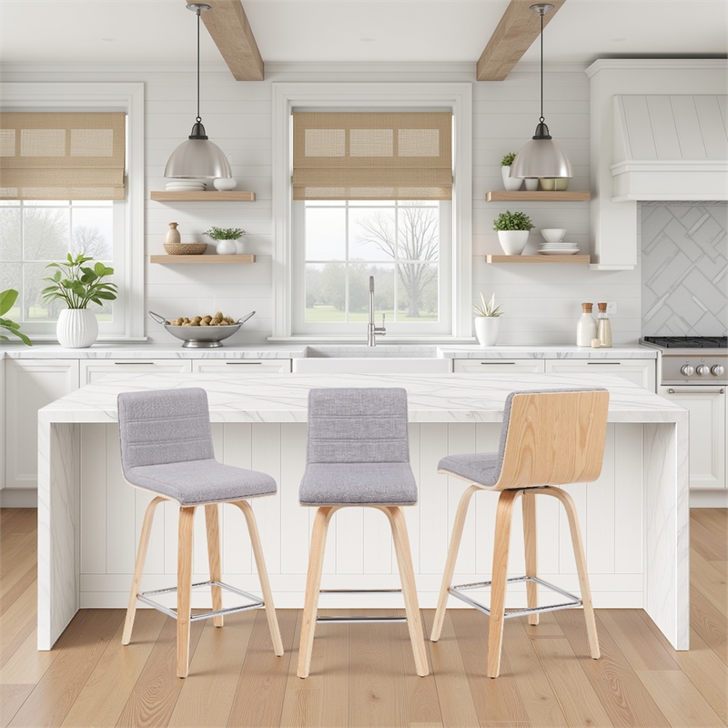 Vienna Counter Height Swivel Bar Stool with Grey Seat & Oak Wood Frame- Set of 3