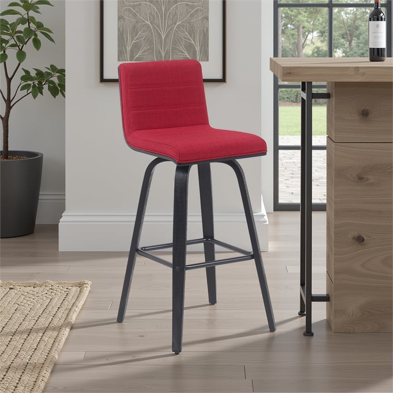 Vienna Swivel Bar Height Stool with Red Upholstered Seat and Brushed Wood Frame