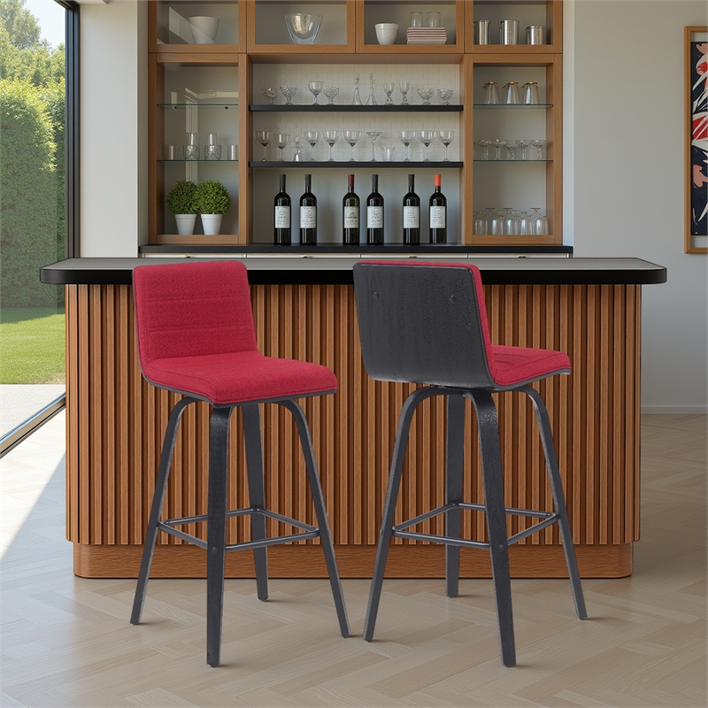 Vienna Swivel Bar Height Stool with Red Seat and Brushed Wood Frame- Set of 2