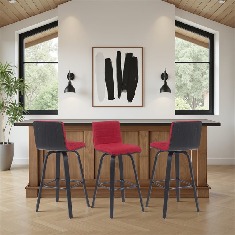 Vienna Swivel Bar Height Stool with Red Seat and Brushed Wood Frame- Set of 3