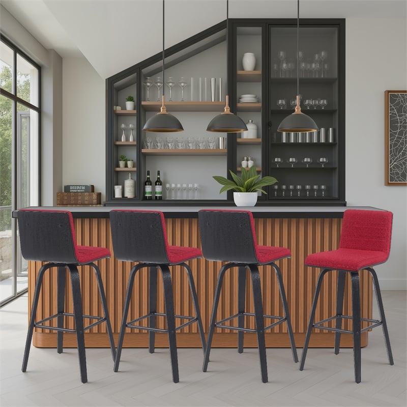 Vienna Swivel Bar Height Stool with Red Seat and Brushed Wood Frame- Set of 4