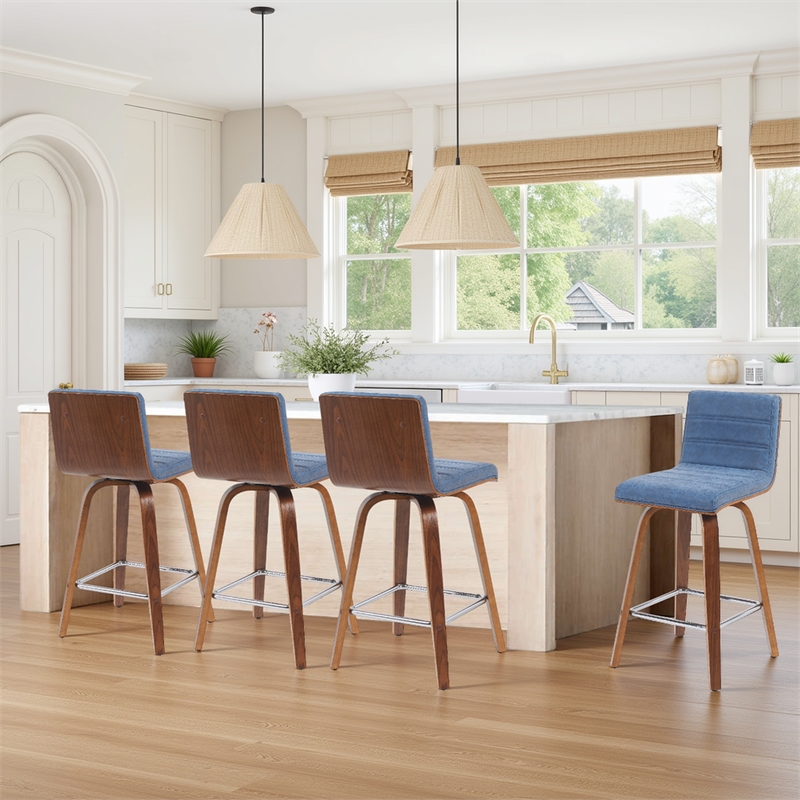 Vienna Counter Height Swivel Bar Stool in Blue Seat and Walnut Wood- Set of 4