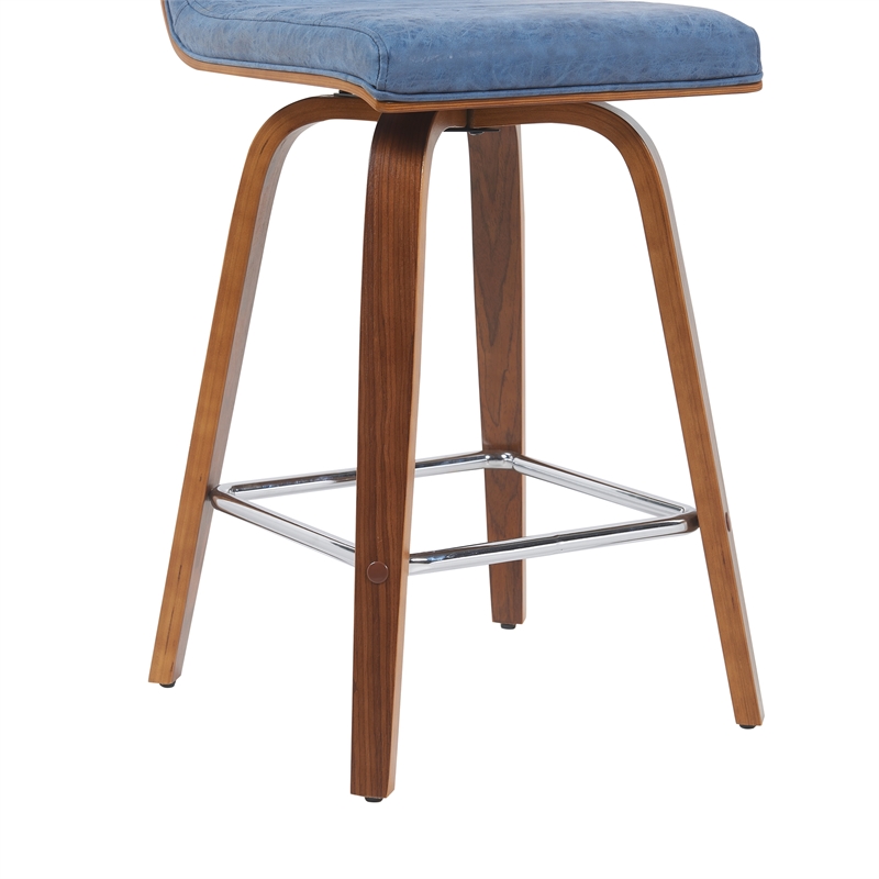 Vienna Counter Height Swivel Bar Stool in Blue Seat and Walnut Wood- Set of 4