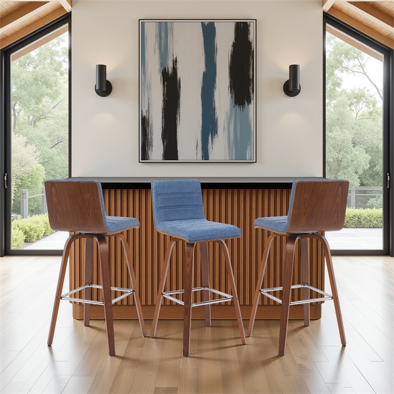 Vienna Swivel Bar Height Stool with Vintage Blue Seat and Walnut-Set of 3