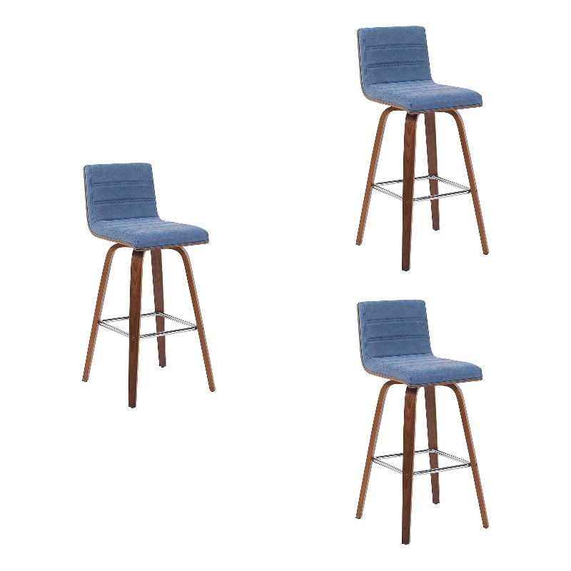 Vienna Swivel Bar Height Stool with Vintage Blue Seat and Walnut-Set of 3