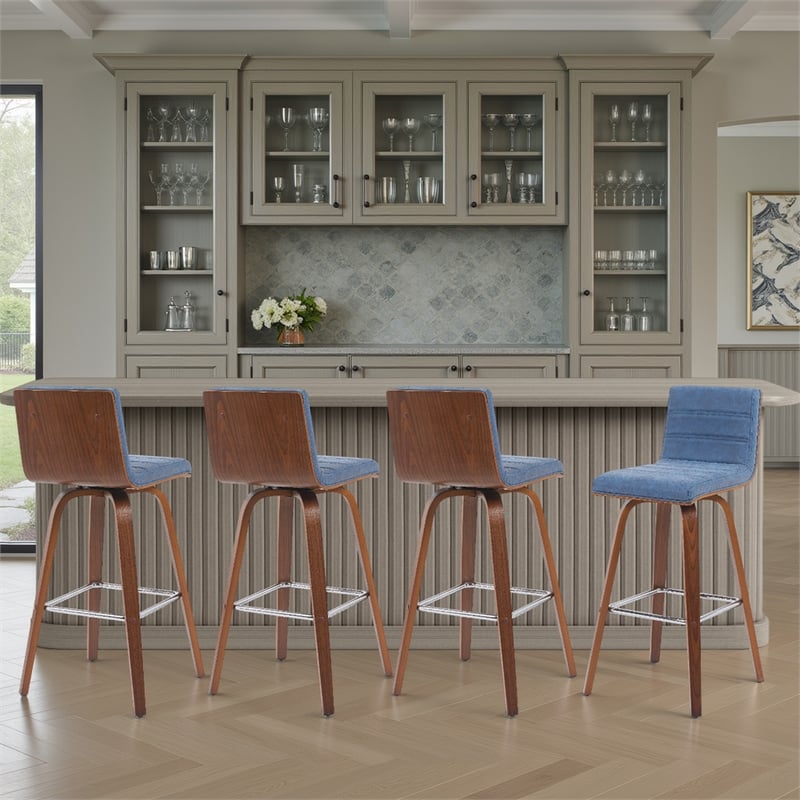 Vienna Swivel Bar Height Stool with Vintage Blue Seat and Walnut Wood- Set of 4