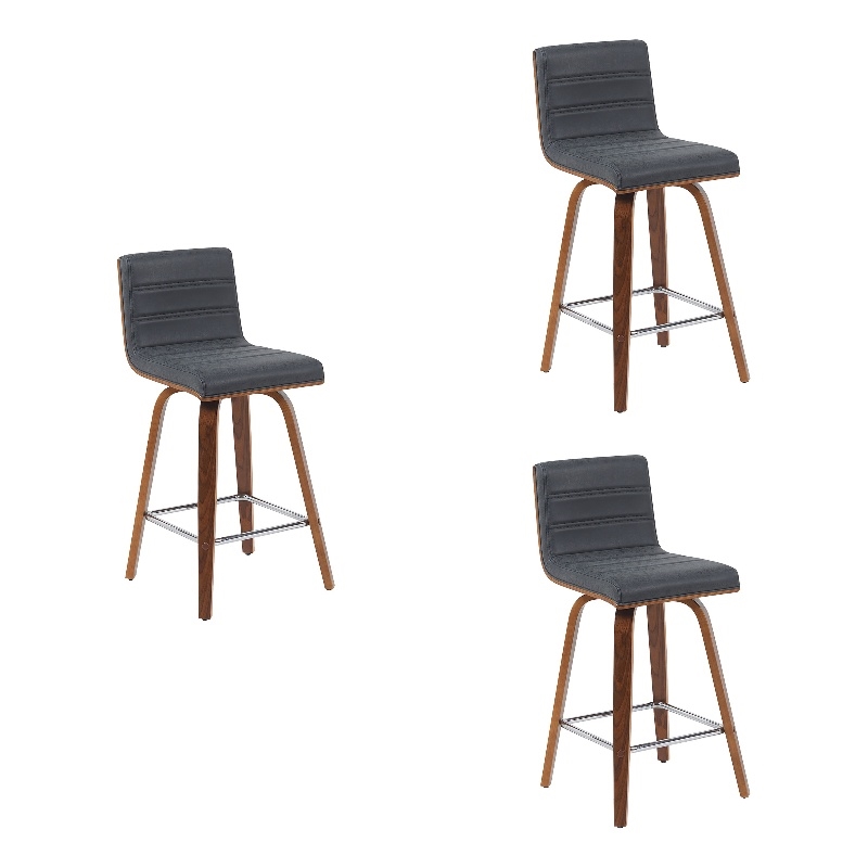 Vienna Counter Height Swivel Bar Stool with Black Seat and Walnut Wood- Set of 3