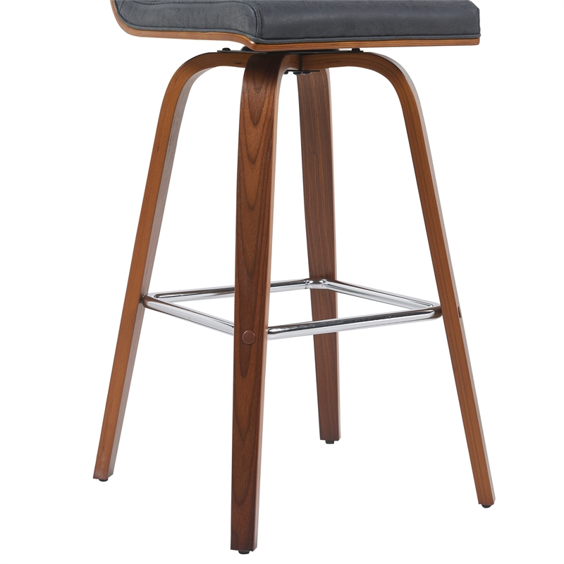 Vienna Swivel Bar Height Stool with Black Seat and Walnut Wood Frame- Set of 3