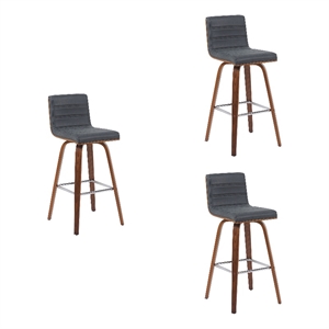 Vienna Swivel Bar Height Stool with Black Seat and Walnut Wood Frame- Set of 3