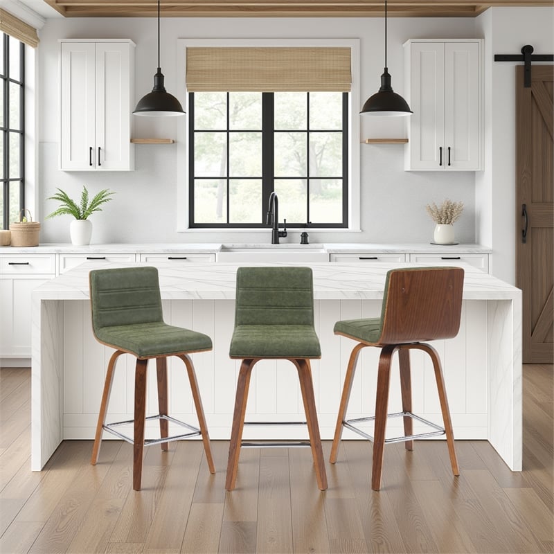 Vienna Counter Height Swivel Bar Stool - Vintage Green Seat/Walnut Wood-Set of 3
