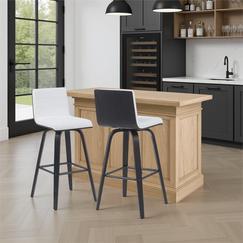 Vienna Swivel Bar Height Stool with Snow White Faux Leather Seat/Black- Set of 2