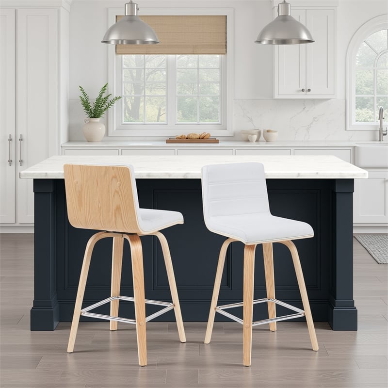 Vienna Counter Height Swivel Bar Stool w/ White Faux Leather Seat & Oak-Set of 2