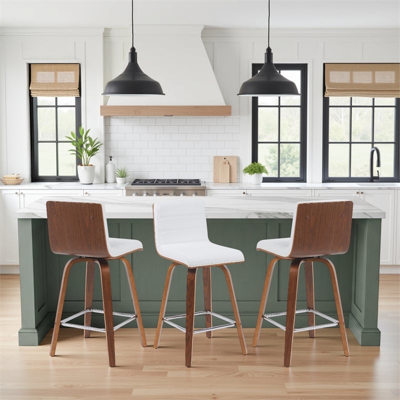 Vienna Counter Height Swivel Bar Stool in Snow White/Walnut Wood- Set of 3