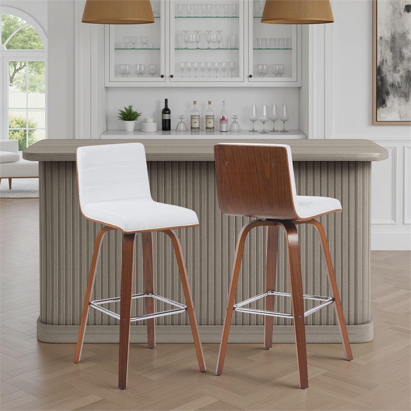 Vienna Swivel Bar Height Stool with Snow White Faux Leather Seat/Walnut-Set of 2