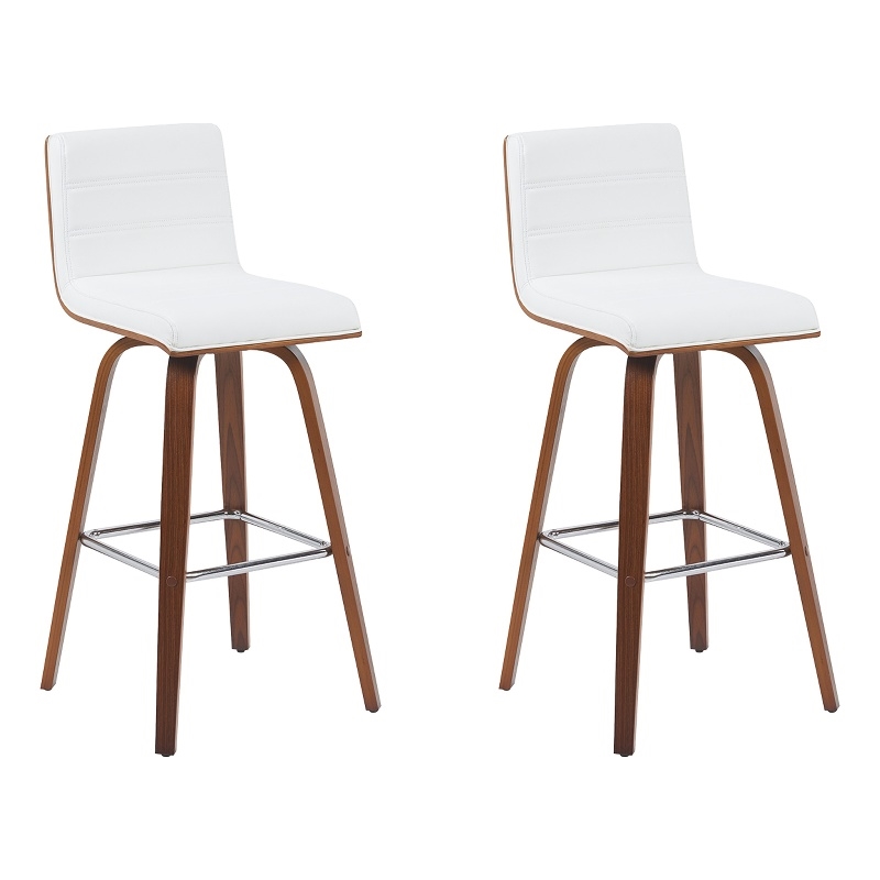 Vienna Swivel Bar Height Stool with Snow White Faux Leather Seat/Walnut-Set of 2