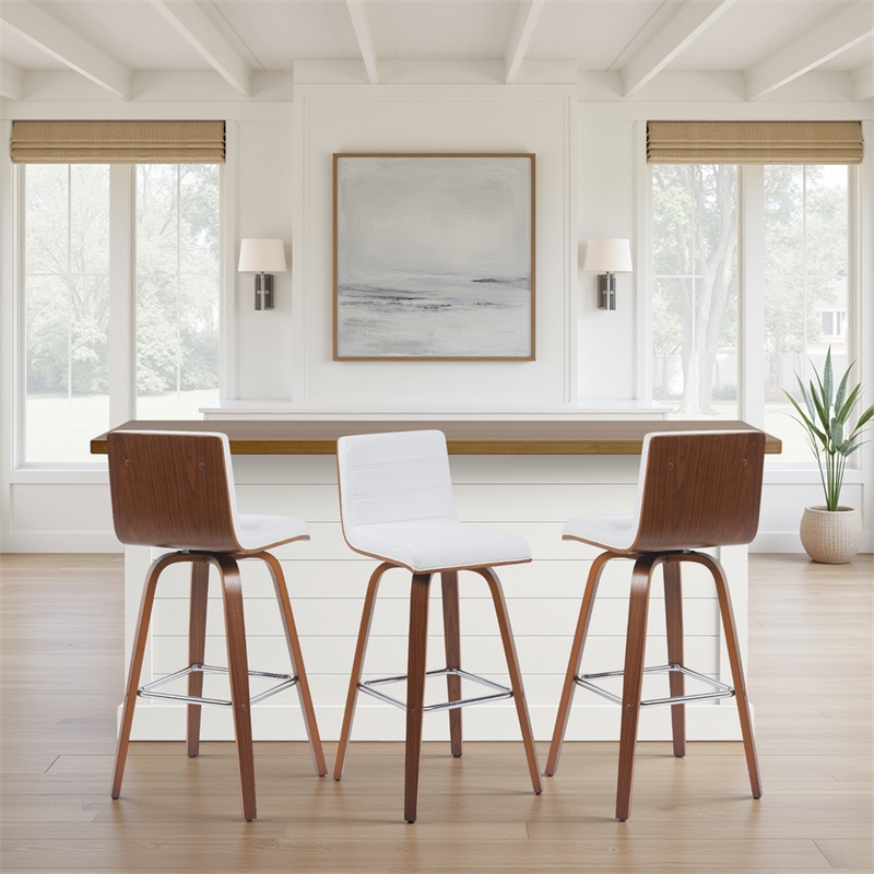Vienna Swivel Bar Height Stool w/ Snow White Faux Leather Seat & Walnut-Set of 3