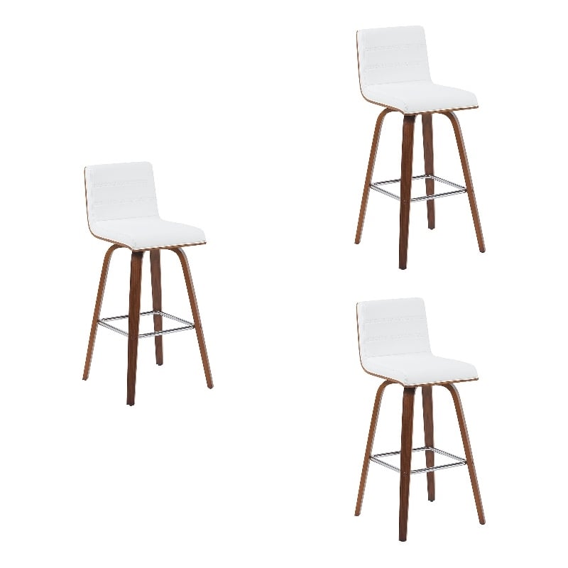 Vienna Swivel Bar Height Stool w/ Snow White Faux Leather Seat & Walnut-Set of 3