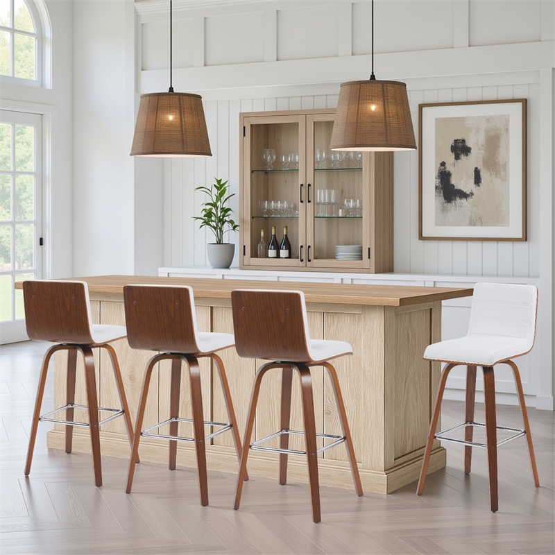 Vienna Swivel Bar Height Stool with Snow White Faux Leather & Walnut- Set of 4