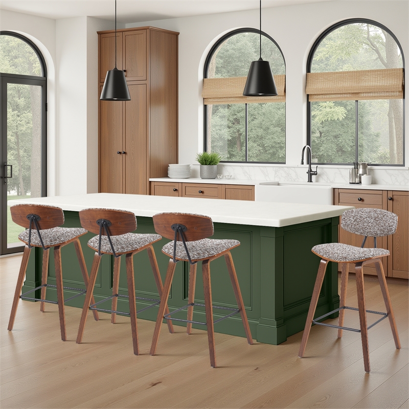 Fox Swivel Counter Height Bar Stool w/ Brown Seat & Walnut Wood Frame- Set of 4