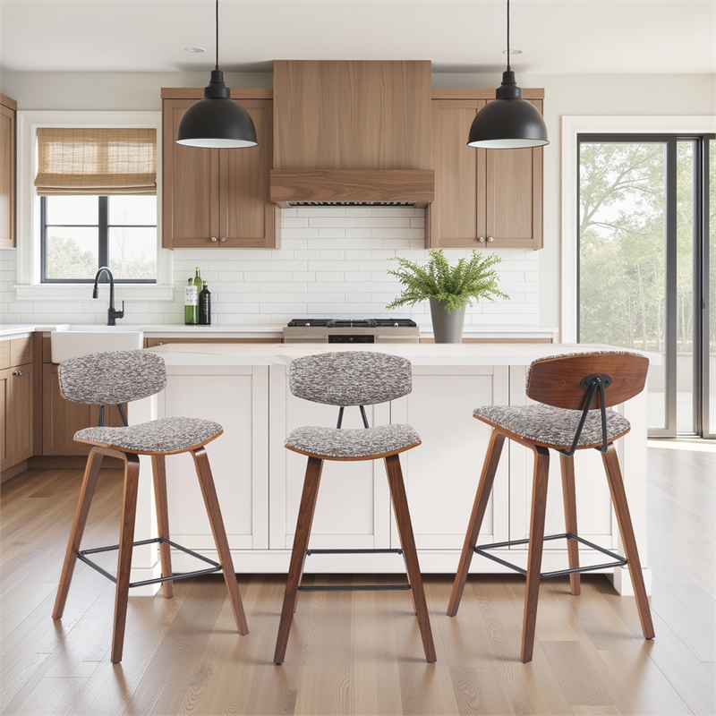 Fox Swivel Counter Height Bar Stool w/ Brown Seat & Walnut Wood Frame- Set of 4