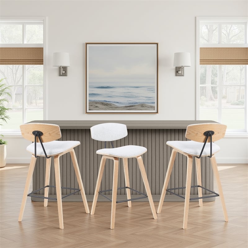 Fox Swivel Bar Height Stool with White Seat and Oak Wood Frame- Set of 3