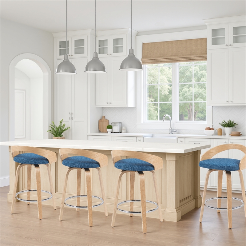 Sonia Swivel Counter Height Bar Stool with Blue Seat & Oak Wood- Set of 4