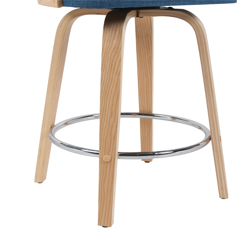 Sonia Swivel Counter Height Bar Stool with Blue Seat & Oak Wood- Set of 4