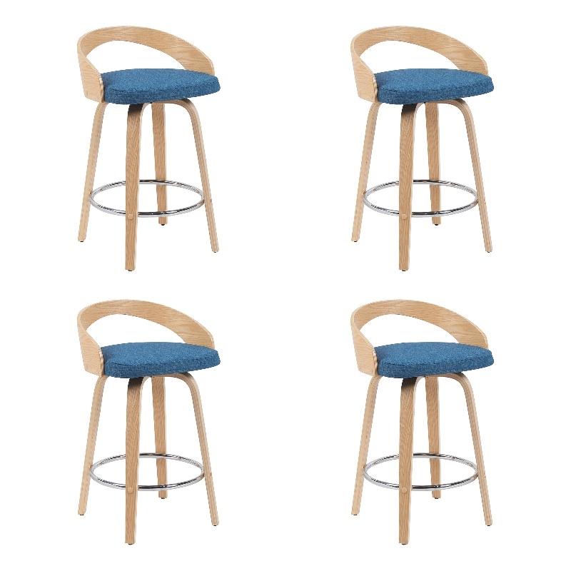 Sonia Swivel Counter Height Bar Stool with Blue Seat & Oak Wood- Set of 4