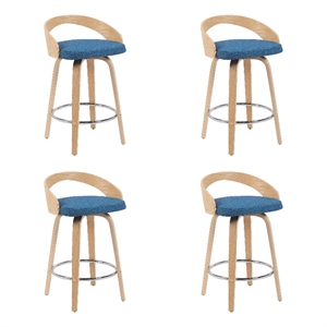 Sonia Swivel Counter Height Bar Stool with Blue Seat & Oak Wood- Set of 4