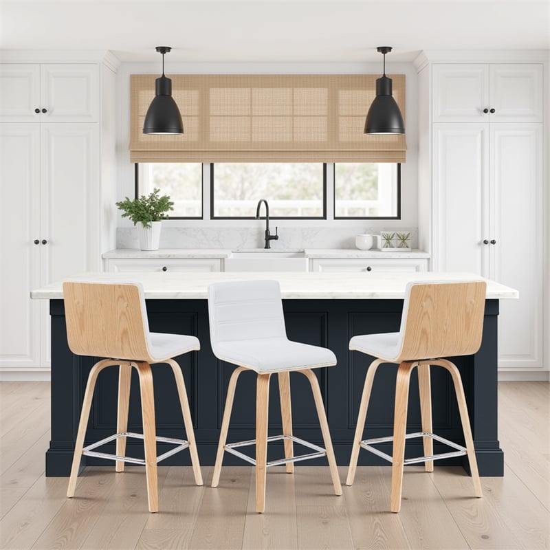 Vienna Counter Height Swivel Bar Stool in White Faux Leather/Oak Wood- Set of 3