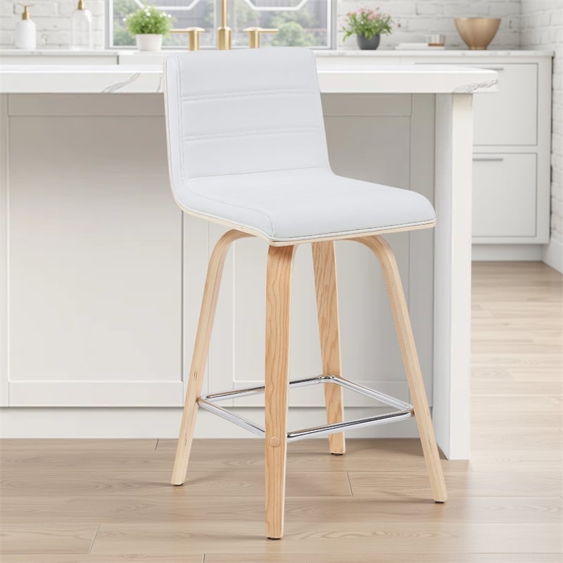 Vienna Counter Height Swivel Bar Stool in White Faux Leather/Oak Wood- Set of 3
