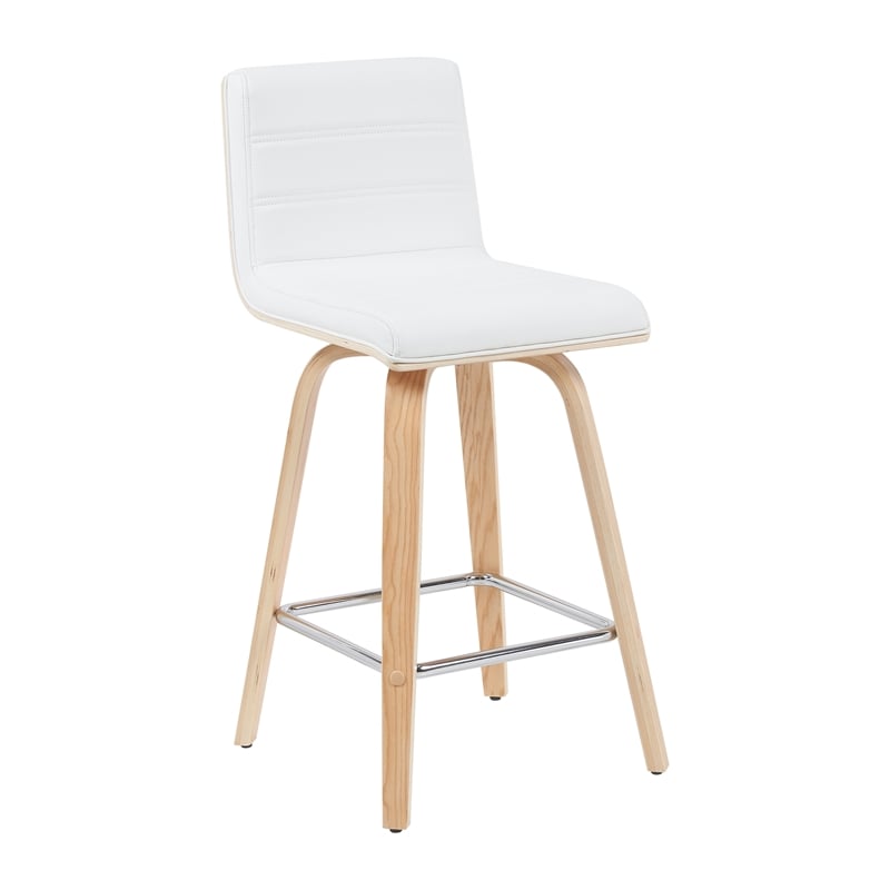 Vienna Counter Height Swivel Bar Stool in White Faux Leather/Oak Wood- Set of 3