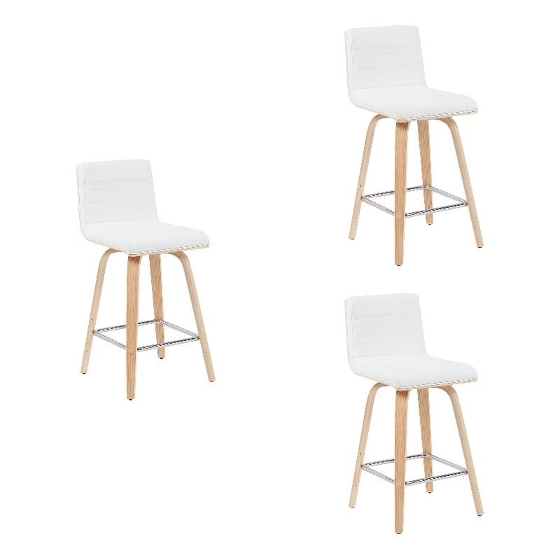 Vienna Counter Height Swivel Bar Stool in White Faux Leather/Oak Wood- Set of 3